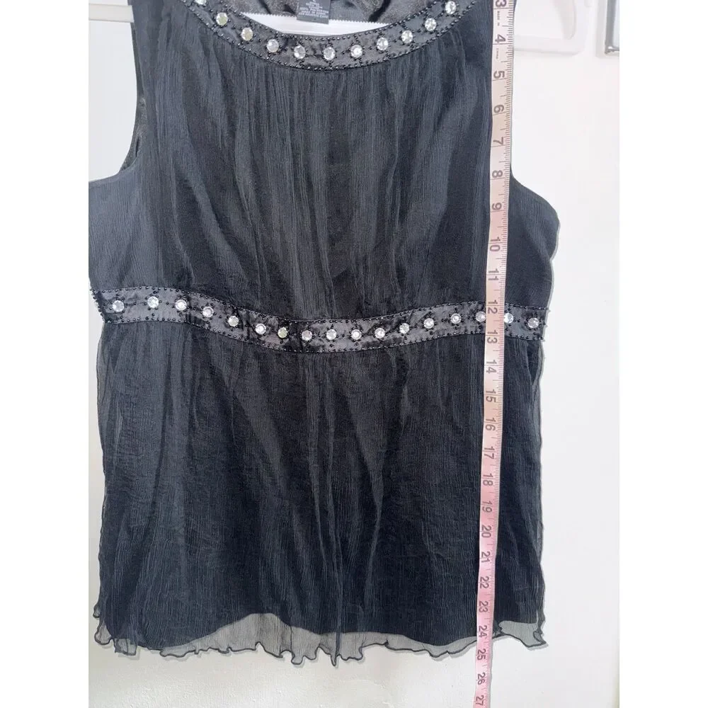 Vtg Y2K Spenser Jeremy Silk Babydoll Top L Black Beaded Rhinestone Chiffon Tank - Picture 9 of 9